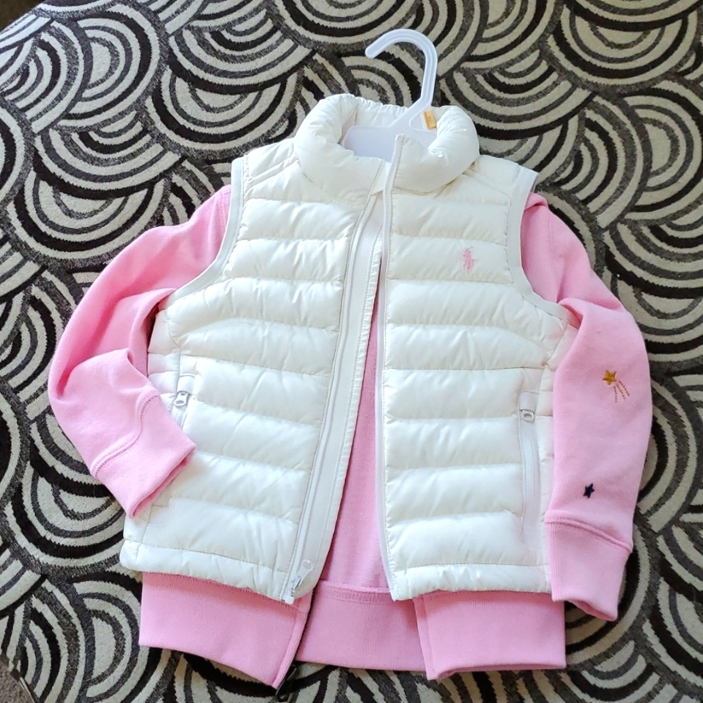 Little Girls pink Polo Hoodie with cream colored Polo puffy vest.